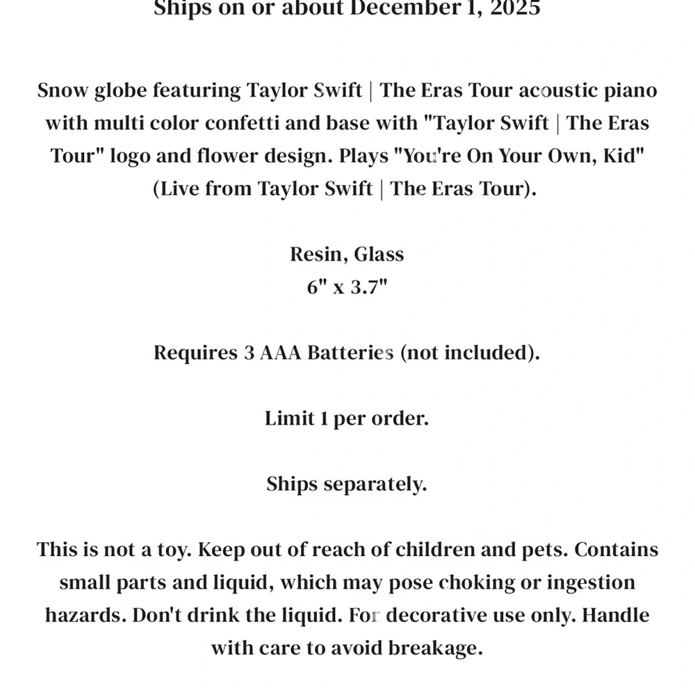 Taylor Swift The Eras Tour Acoustic Piano Snow Globe - Picture 5 of 5